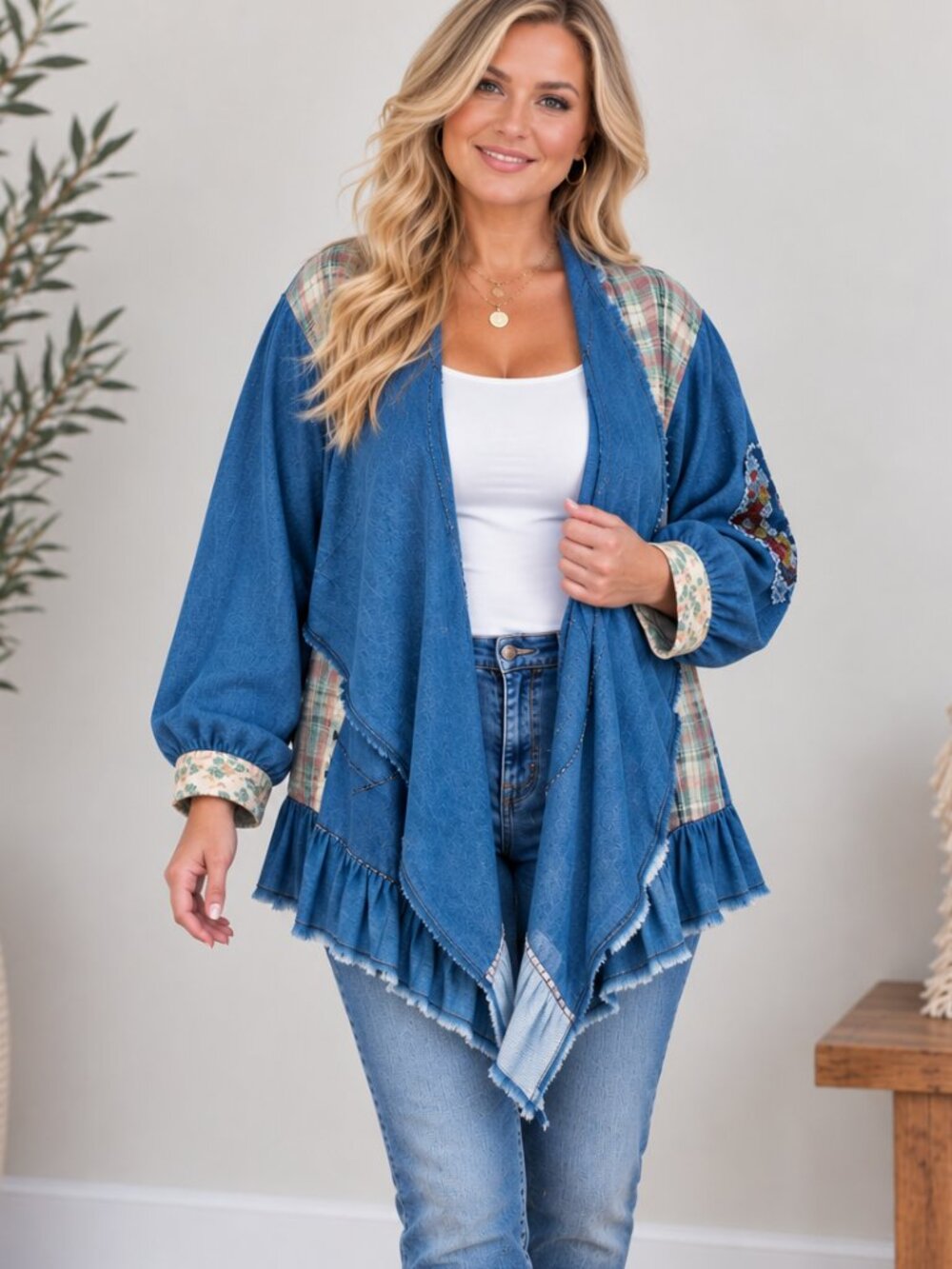 516. PLUS Women's Plus Denim Blue Boho Patchwork Denim Cardigan
